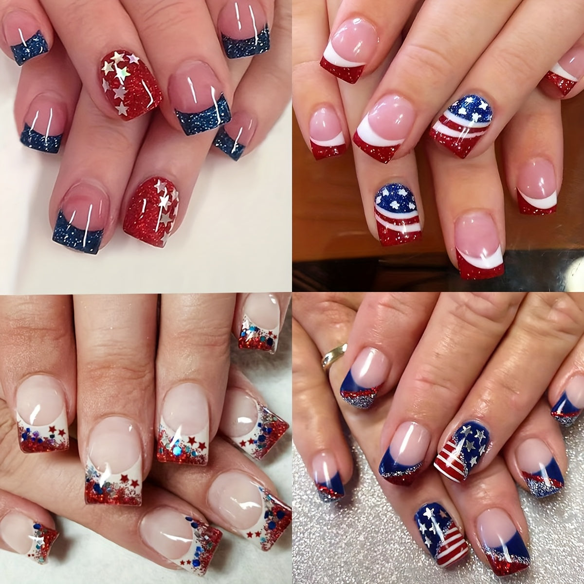 TEMU 96pcs Short Glossy Square Nails French Glitter, American Nail Pieces, With Stars And Stripes Elements, Fingertips Shine Patriotic Passion, Super