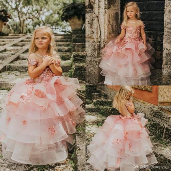 Pretty Pink Tiered Skirts Pageant Dress Princess wers Girls Dresses Appliques Short Sleeve Toddlers Kids First Communion Gown