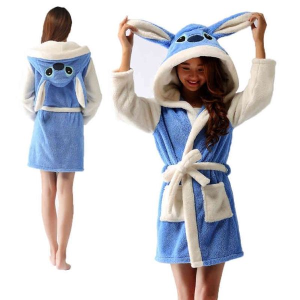 Blue Bath Robe Hooded Women Bathrobe Cartoon Homewear Animal Warm Flannel Dressing Gown Soft Robes Sleepwears Kigurumi301k