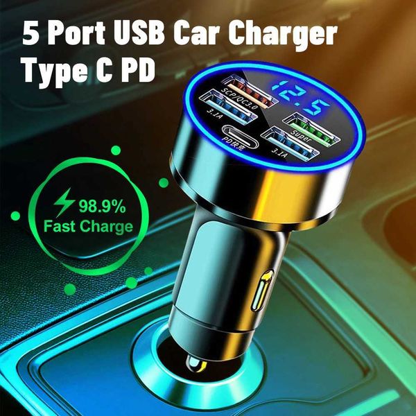 5 Ports USB Car Charger LED Digital Display Auto Charging Adapter Type C PD 15W Fast Charging Adapter for Mobile Phone TabletT250122