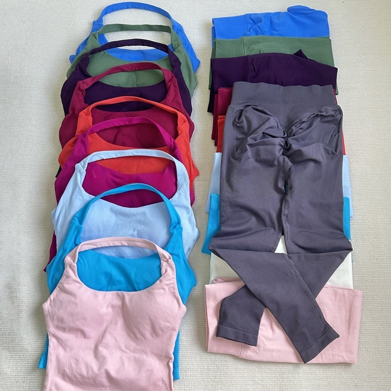 2pcs Gym Set Women Padded Halter Tank Tops High Waist Scrunch Seamless Yoga Leggings Fitness Clothes Workout Sets Gym Suit Activewear Tracksuit Pant