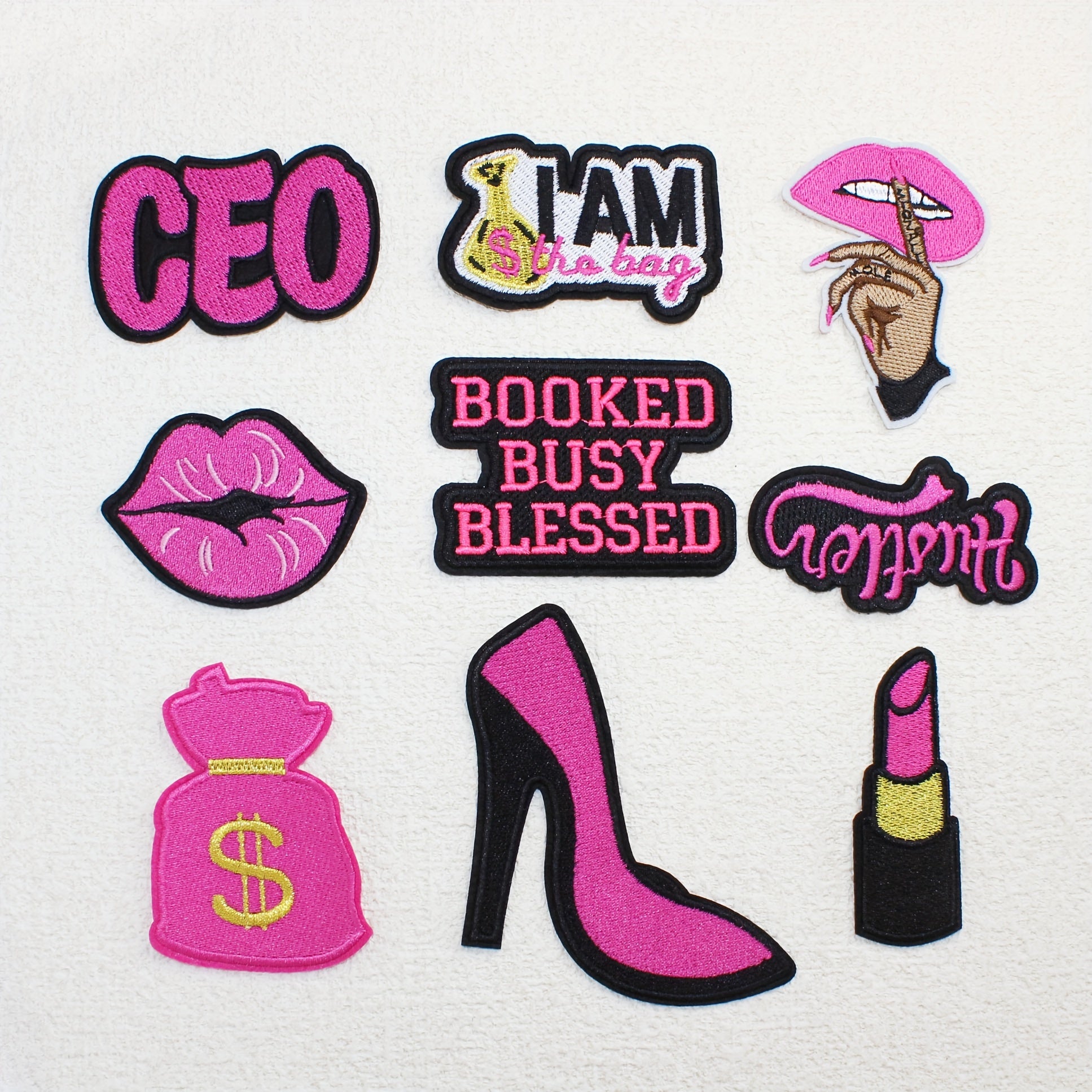 TEMU 9pcs ' Diy Iron-on Patches Set - Cute Lipstick & Female Lettering Appliques With Hot Melt Glue-sew-free For Clothing, Shoes, Bags, Hats -