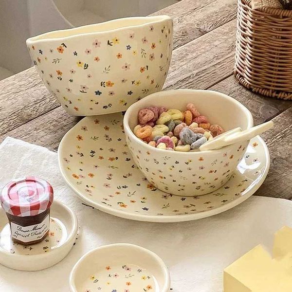 Korean style Ceramic tableware Floral Pattern Bowl and Plate Rice bowl Fruit Salad Bowls Dessert plate Household Dinner platesXJ241214