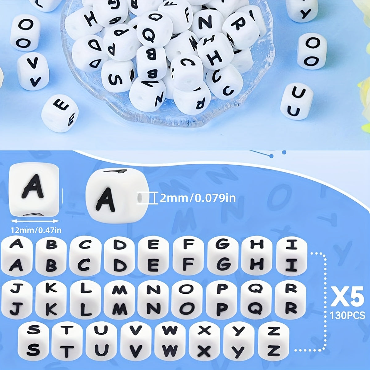 TEMU 130pcs Silicone Letter Beads, 12mm Square Alphabet Beads For Bracelets, Keychains, Necklaces And Lanyards Making (white)