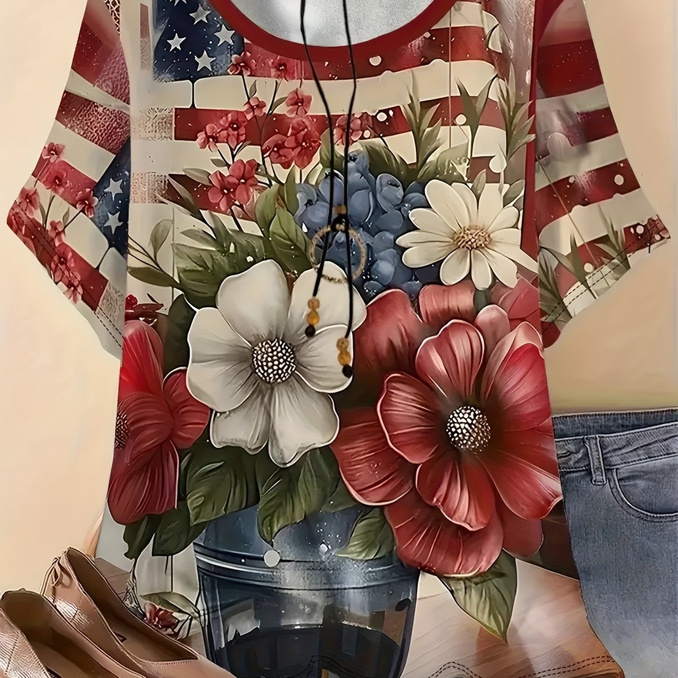 TEMU Women's Plus-size Floral T-shirt, Casual Crew Neck, Short Sleeve, 3d American Flag Print, Summer Top Outdoor Clothing