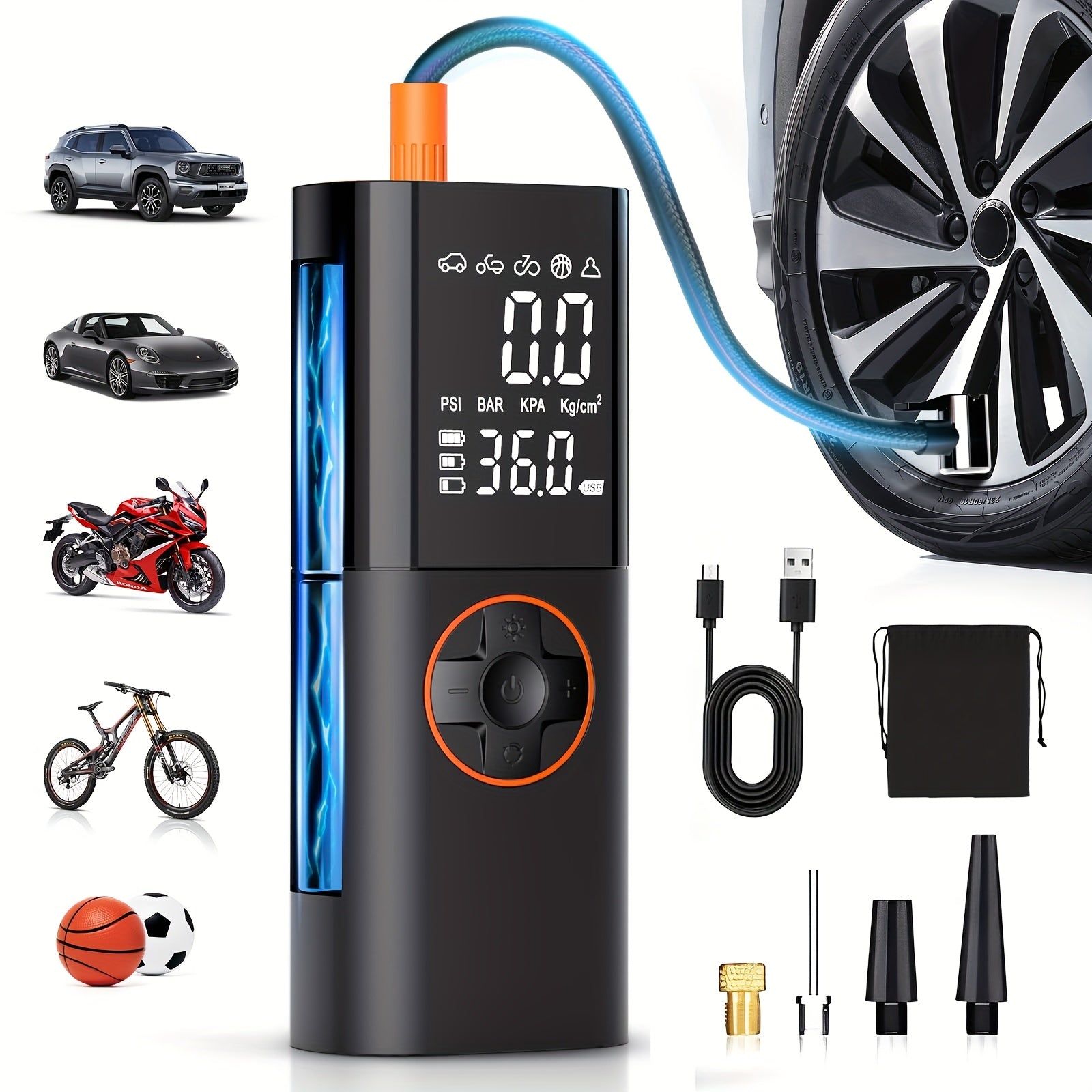 TEMU Tire Inflator Portable Air Compressor, 160psi Portable Air Pump For Car Tires With 7800mah Battery, 2x Faster Inflation Electric Air Pump With