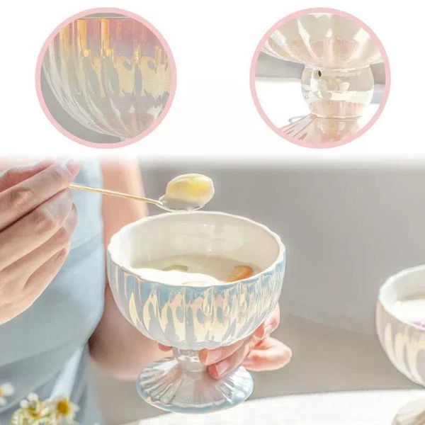 Pearl Ceramic Ramen Bowl Good-looking Large Belt Cover Noodle Bowl Delicate Tableware Highlight Gradient Ice-cream Bowl for GiftXJ241214