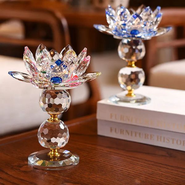 7 colors Crystal Glass Lotus Flower Metal Candle Holders Feng Shui Home Decor Big Tealight Stand Holder Candlestick 240103