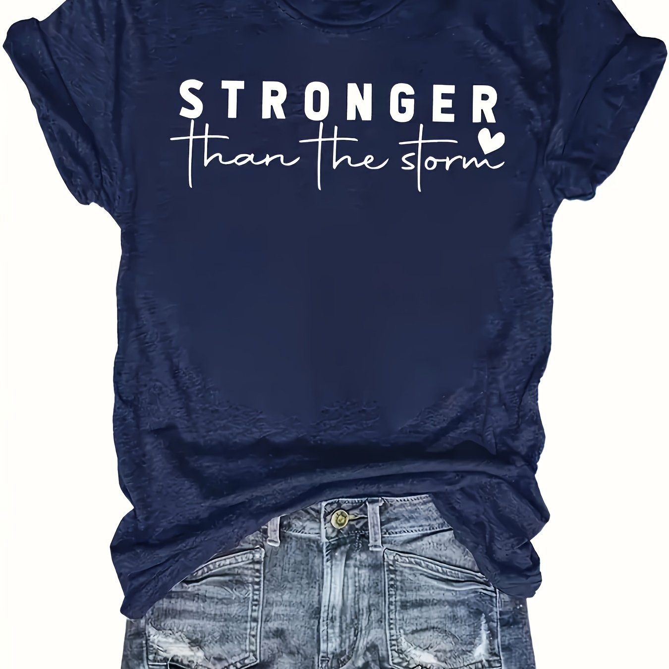 TEMU Women's "stronger Than " Navy Blue T-shirt - White Cursive Lettering & Heart Print Motivational Top, Soft Short Sleeve Crewneck Casual Shirt For