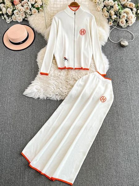 Women Embroidery Slim Fit 2 Piece Set Long Sleeved Stand Collar Sweater CardiganHigh Waist Skirts Pants Knit Casual Fall Suit 250208