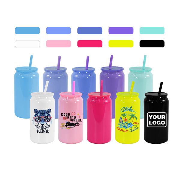 Sublimation 16oz glossy stainless steel tumbler metal juice can with colorful lids reusable straw beer Soda Can summer drinking cups