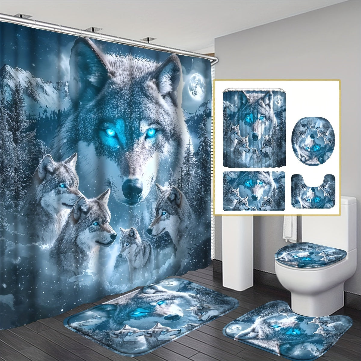 TEMU 4pcs Wildlife Wolf Shower Curtain Set With Non-slip Rugs, Toilet Mat, Toilet Seat Cover, Waterproof Machine Washable Shower Curtain With 12