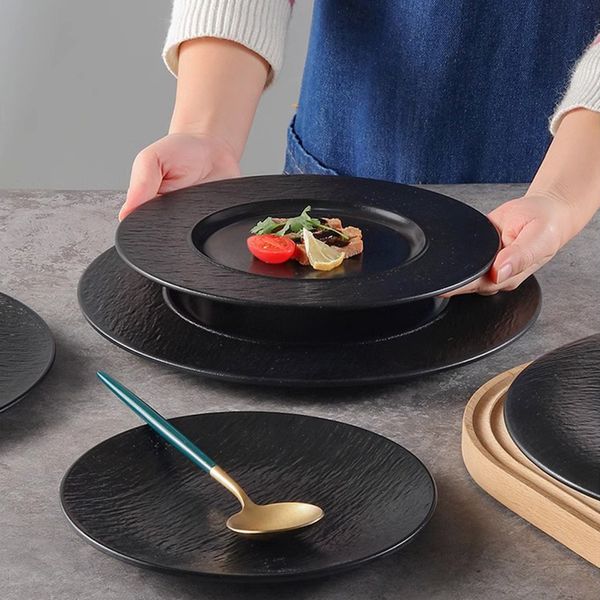 Melamine Black Disc Restaurant Pasta Western Beef Hot Pot Barbecue Flat Plate Commercial Tableware