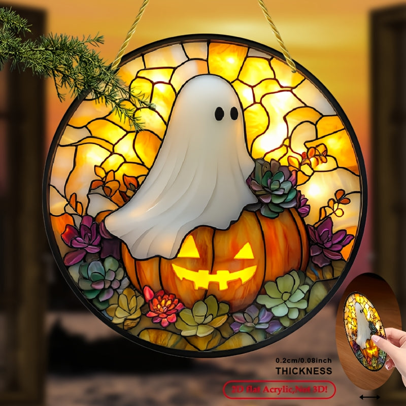 TEMU 2d Flat, 8x8 Inch Round Acrylic Light - Halloween Stained Glass Wall Decor With Pumpkin, Bat & Design, Vivid , Indoor-outdoor Hanging Decoration