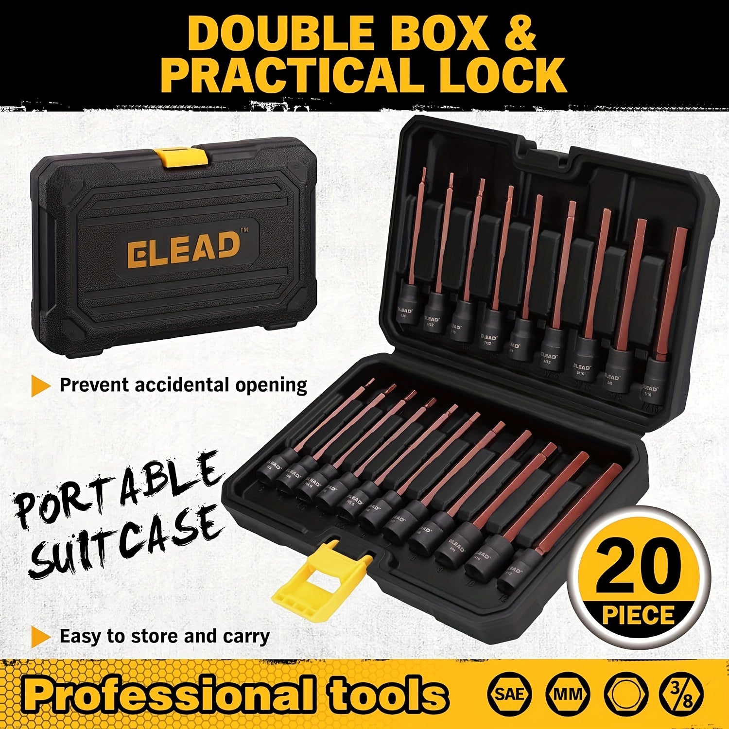 TEMU Elead 20pcs Extra-long Allen Hex Bit Socket Set - 3-8" Drive, S2 Steel, Standard & Metric (1-8"-7-16", 3-12mm) Drills And Ratchet Wrenches