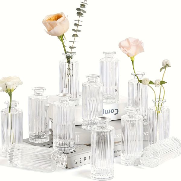 Vintage Decorative Vase Set of 12 Ribbed Design Mini Bud Plant-Themed Small Glass wer Vases Home Decor Ideal for Christmas Halloween ph1348