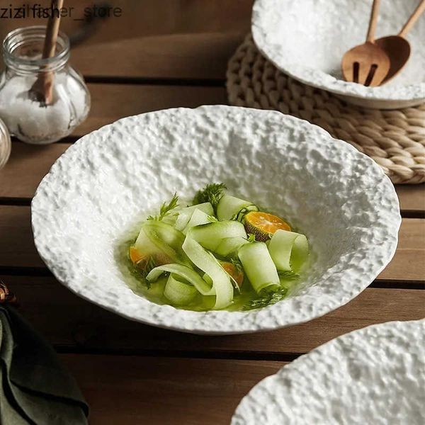 Dishes Plates Irregular stone pattern ceramic bowl restaurant soup bowl salad bowl dessert bowl spaghetti bowl pure white special tableware