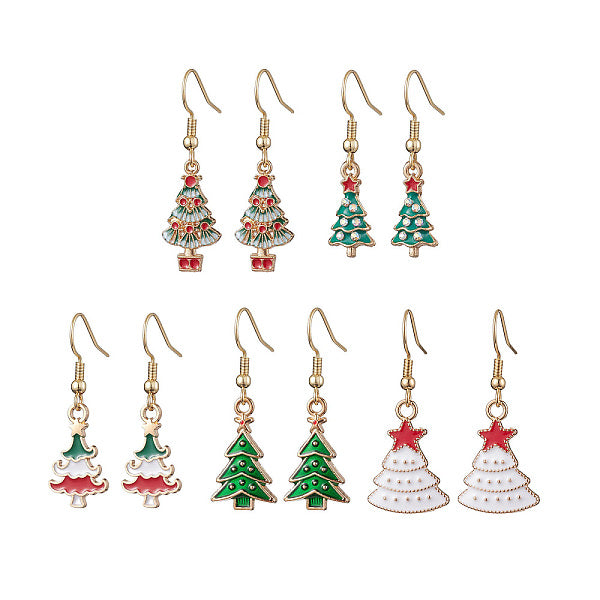 5 paire de boucles d'oreilles pendantes en alliage émaillé pour arbre de noël