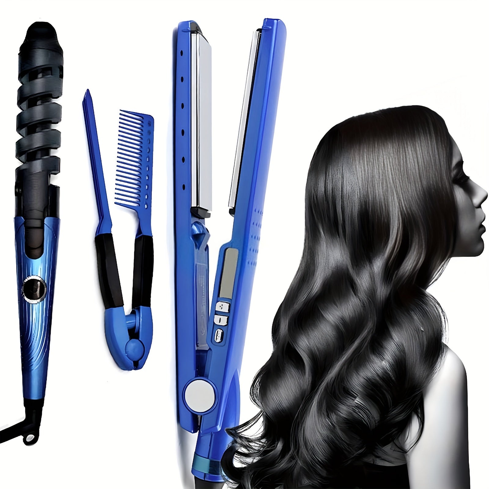 TEMU 3pcs Professional Hair Styling Kit, Rapid, 5 Adjustable Temp Hair Straightener, Curling Iron With Flat Iron, V-shaped Hair Brush For Salon,