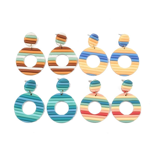 4 paire de boucles d'oreilles pendantes en forme de donut en argile polymère de 4 couleurs avec épingles en fer