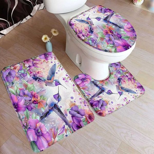 Hummingbird Bath Mat Set with Birds Flowers Plants Modern Home Carpet Bathroom Decoration Floor Carpet U-shaped Mat Toilet Lid W241204