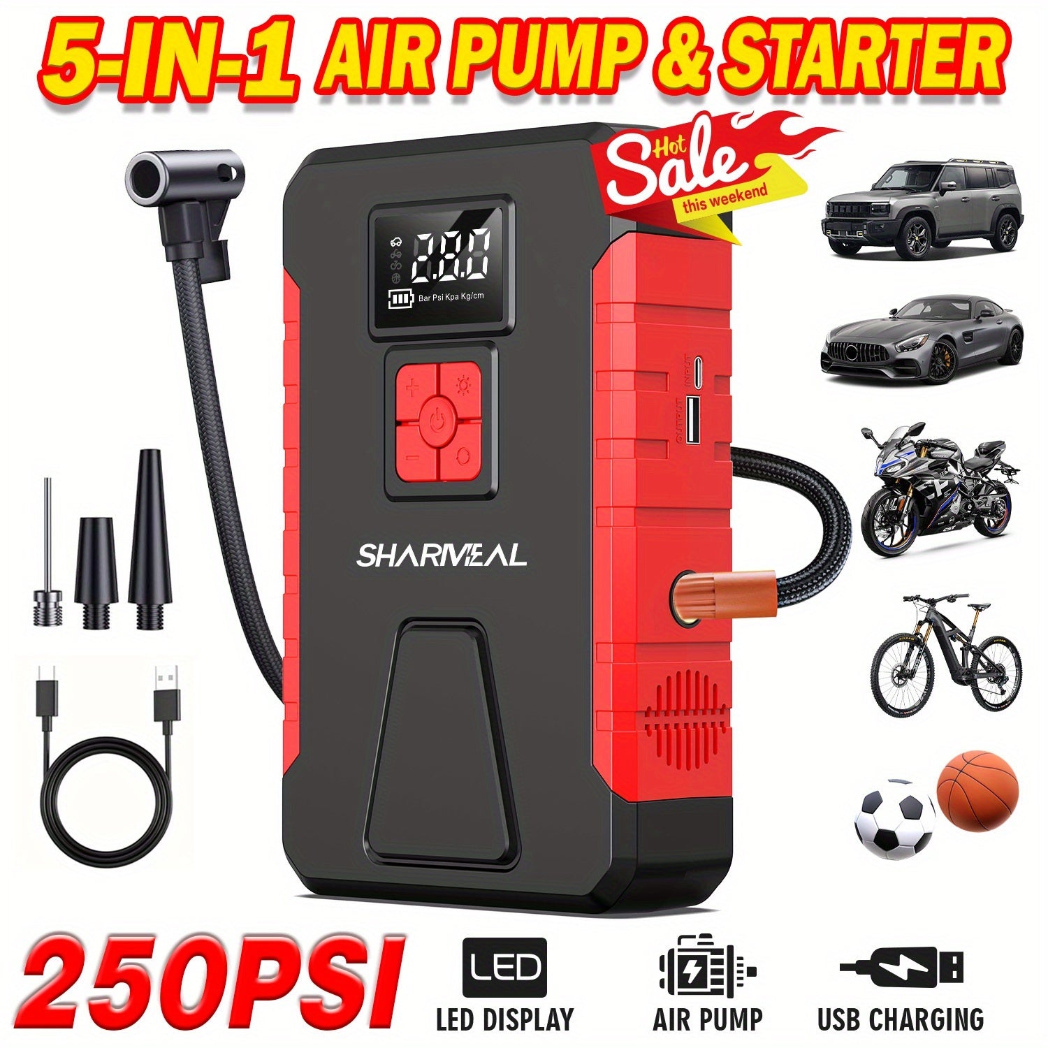 TEMU Sharmeal 150psi Tire Inflator Portable Air Compressor Fast Cordless Air Pump, 7500a Starting , With Led Light Function, Usb Rechargeable,