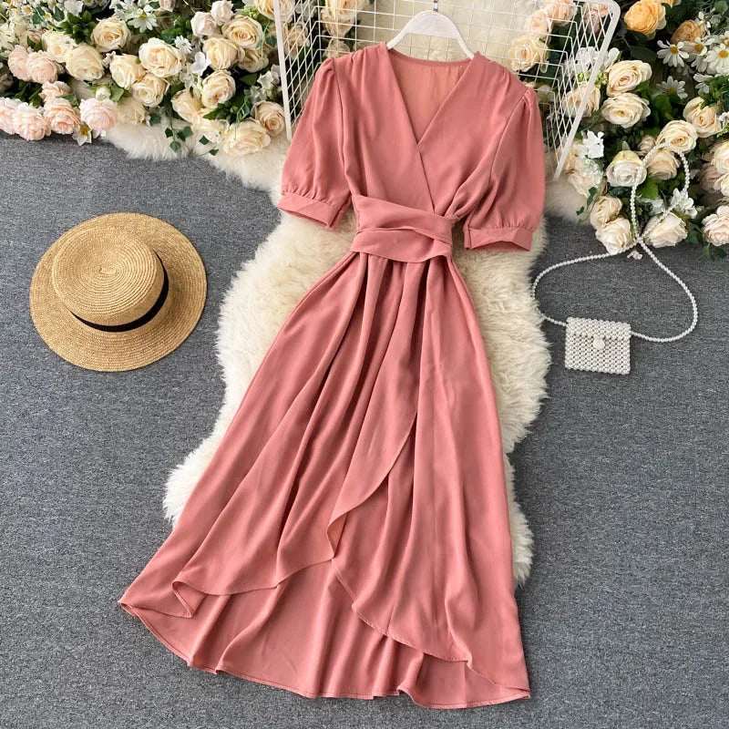 Spring New Temperament V-neck Solid Color Bubble Short-sleeved Women&#039;s Leisure Dress Ruffle Edge Lacing Dress