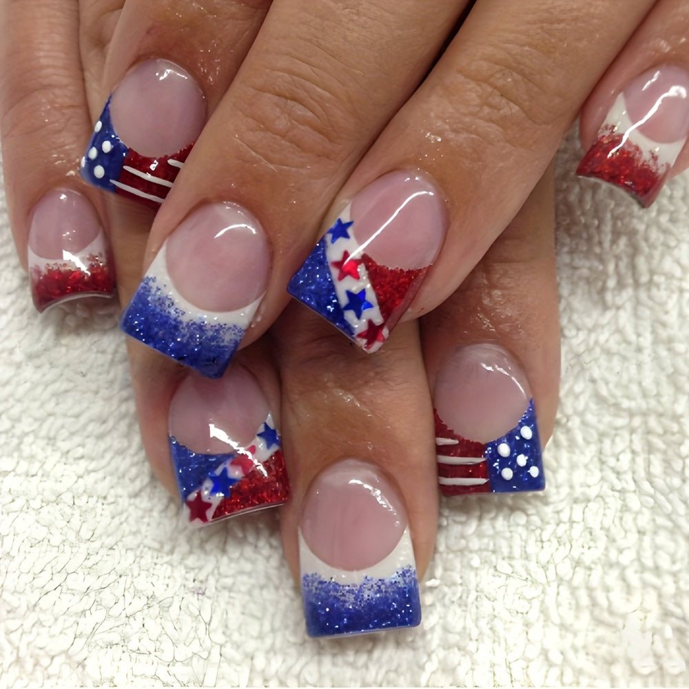 TEMU 72pcs 3 Boxes Patriotic American Flag Press-on Nails - Short Square Glitter & , Glossy Finish For , , Parties, Nail Art, Party Accessories