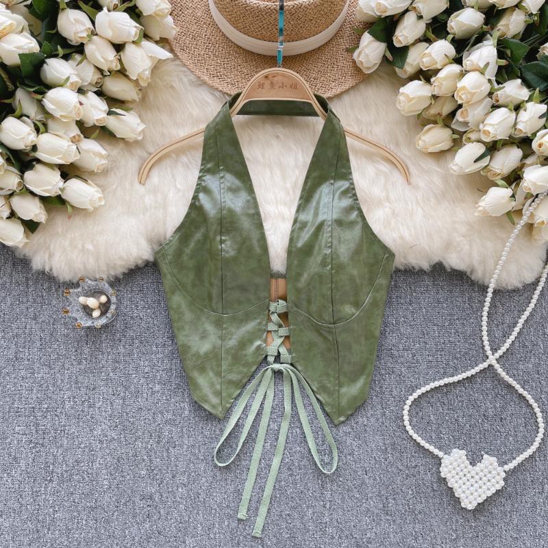 Women&#039;s Tanks Tank Top For Women PU Halter Off-shoulder Crop Tops Womens Lace-up Leather Chic Camis Female Hollow Out Streetwear Drop