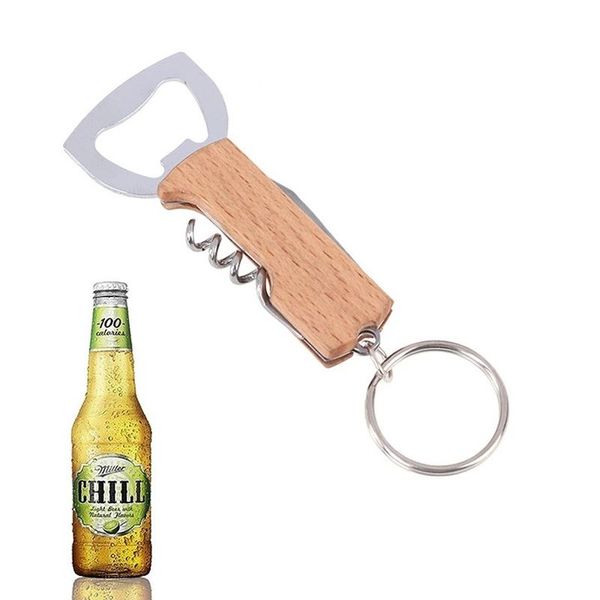 Beer Bottle Opener Keyring Keychain Stainless Steel Multifunctional Wooden Handle Corkscrew Wine Opener Bar Party Accessory New LX6024