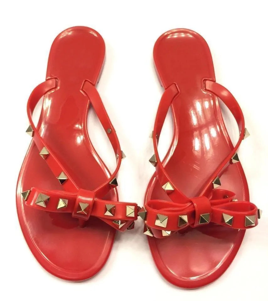 2024 Summer designer sandal mules flats Classic Stud embellished bow flip flops slides sandals patent leather mule sandal