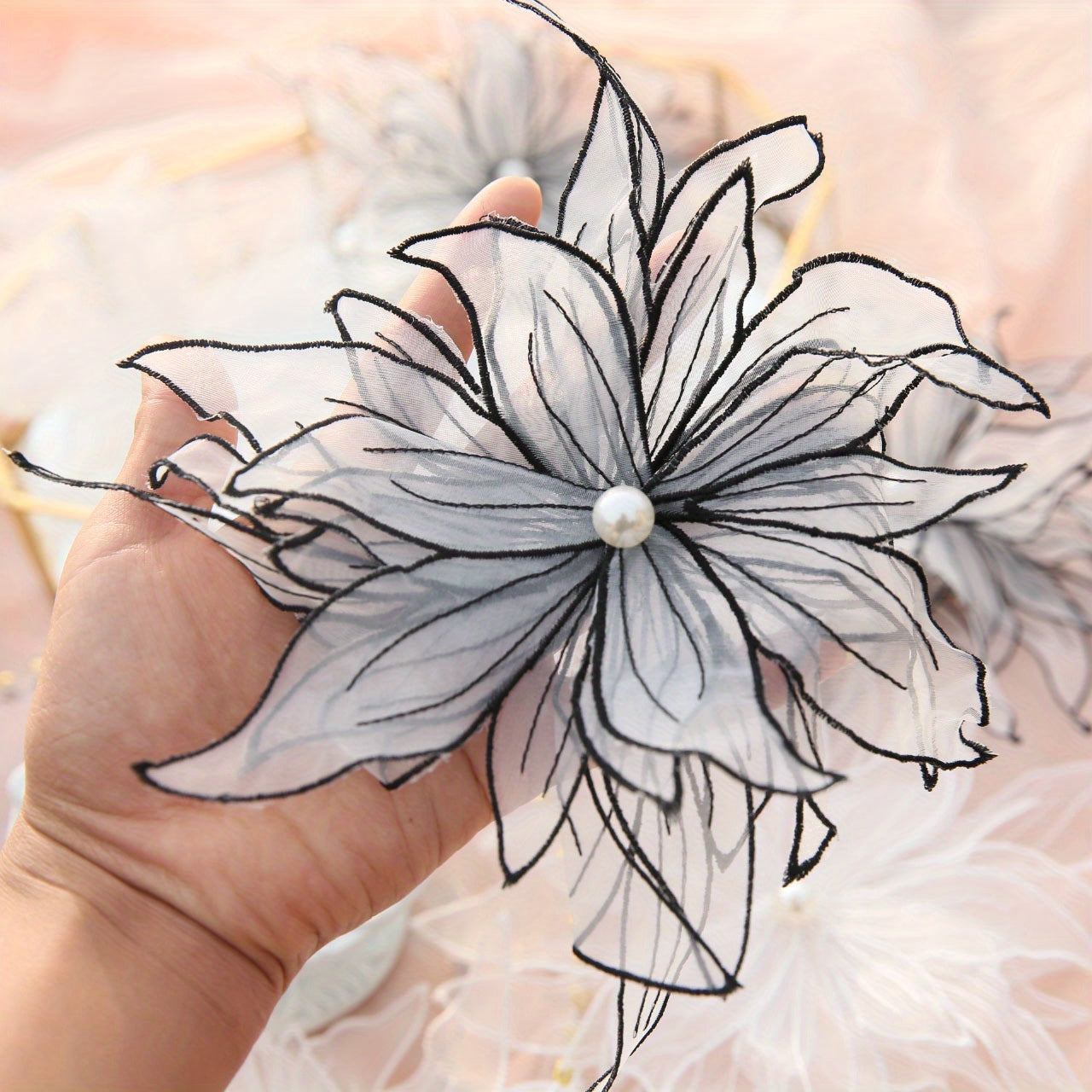 TEMU Elegant Handcrafted 3d Beaded Flower Applique In White - 8.66" X 8.66" - Diy Bridal Headpieces, Women' & Curtain Embellishments, Wedding