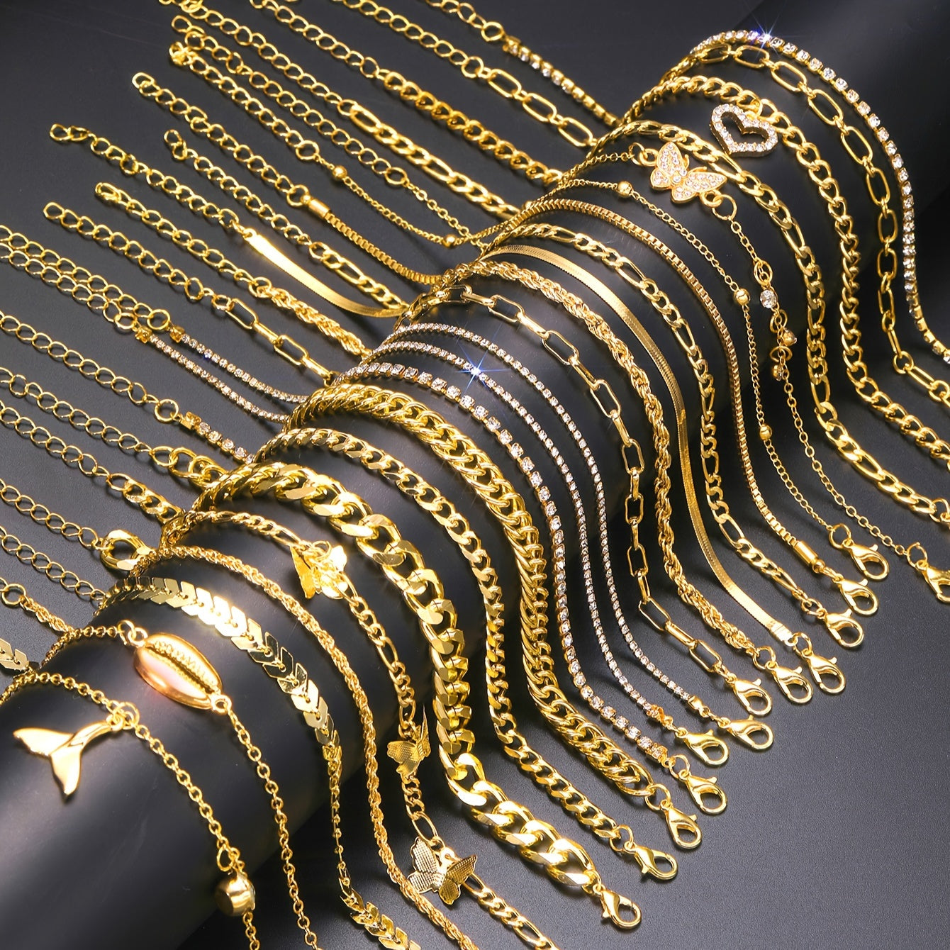 TEMU 22pcs Boho Chic Jewelry Set - Elegant Vintage Design With Shell, Heart, & Accents - Sparkling Bracelets And Anklets For Casual Attire, Beach