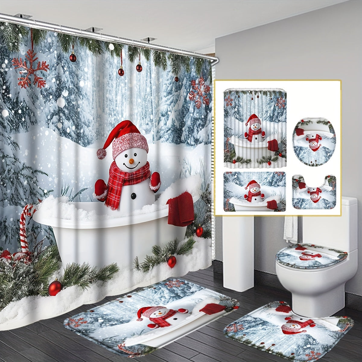 TEMU 4pcs Christmas Shower Shower Curtain - Waterproof Curtain Set With Non-slip Rugs, Toilet Mat, Toilet Seat Cover, Machine Washable Bathroom