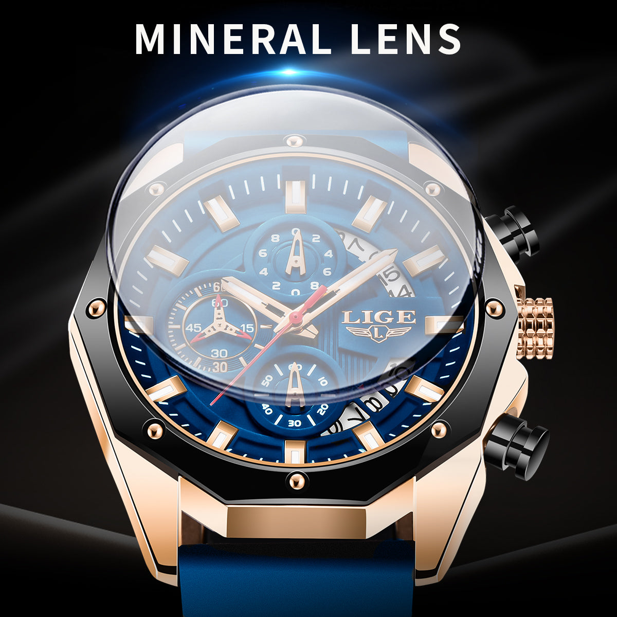 LIGE Mens Watches Brand Luxury Silicone Strap Waterproof Sport Quartz Watch Men Chronograph Military Clock Multi-function chronograph Student watche