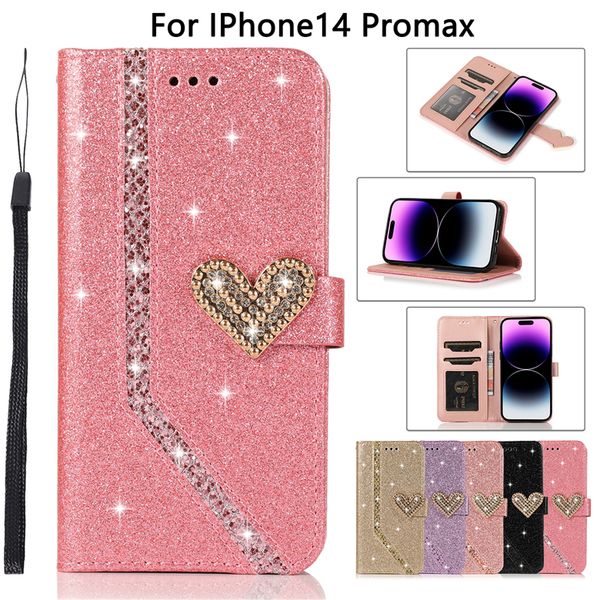 Rope Glitter Love Heart Folio Vogue Phone Case for iPhone 14 13 12 11 Pro Max XR Samsung Galaxy S23 Ultra S22 Plus S21 S20 Note20 A73 5G Spa