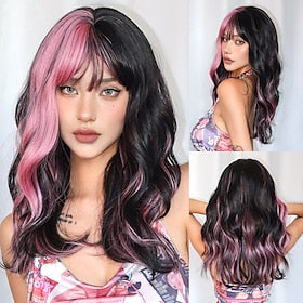 18 polegadas perucas sintéticas peruca feminina rosa onda curta cabelo parte do meio diário moda elegante festa