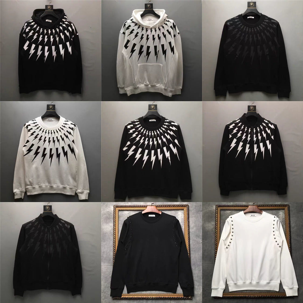 Designer Mens Hoodies Graffiti Brand Neil Barrett Sweatshirt Mens Womens Cotton Coats Black White Lightning Print Versatile Collar Baseball Jackets