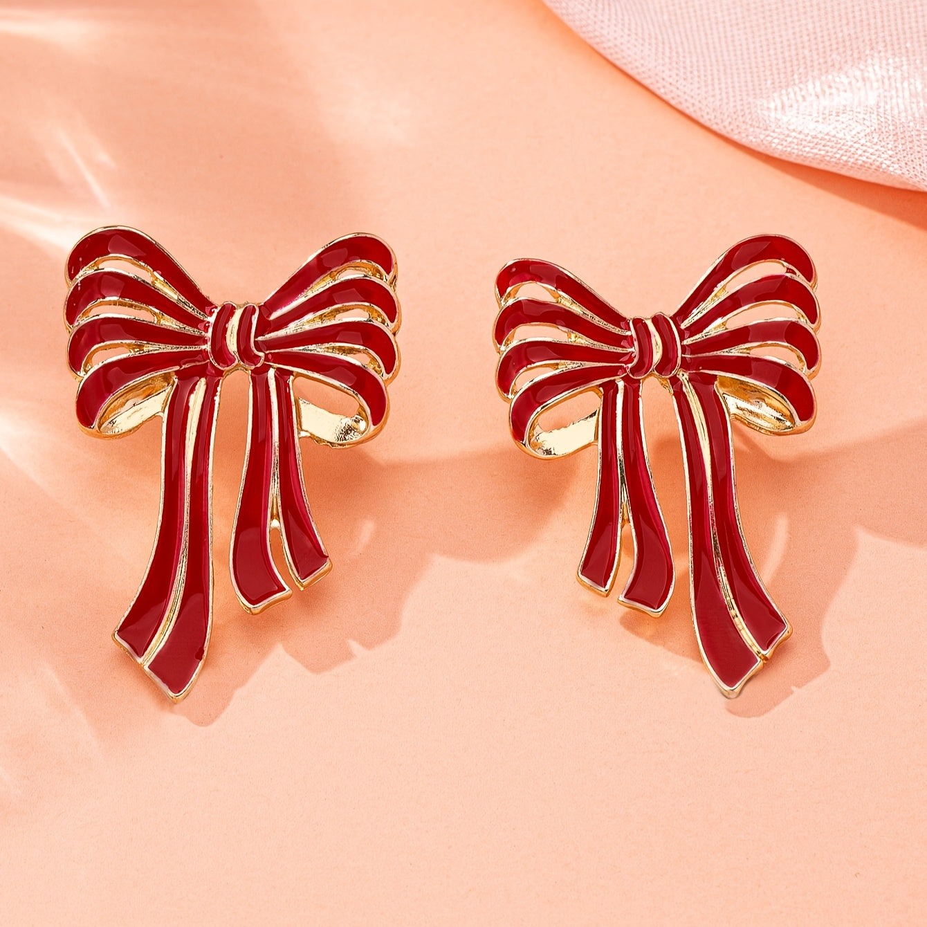 TEMU Pair Of Vintage Chic Enamel Bow Stud Earrings - Red & Golden Zinc Alloy, Casual Attire, Accessory, Geometric, Charm