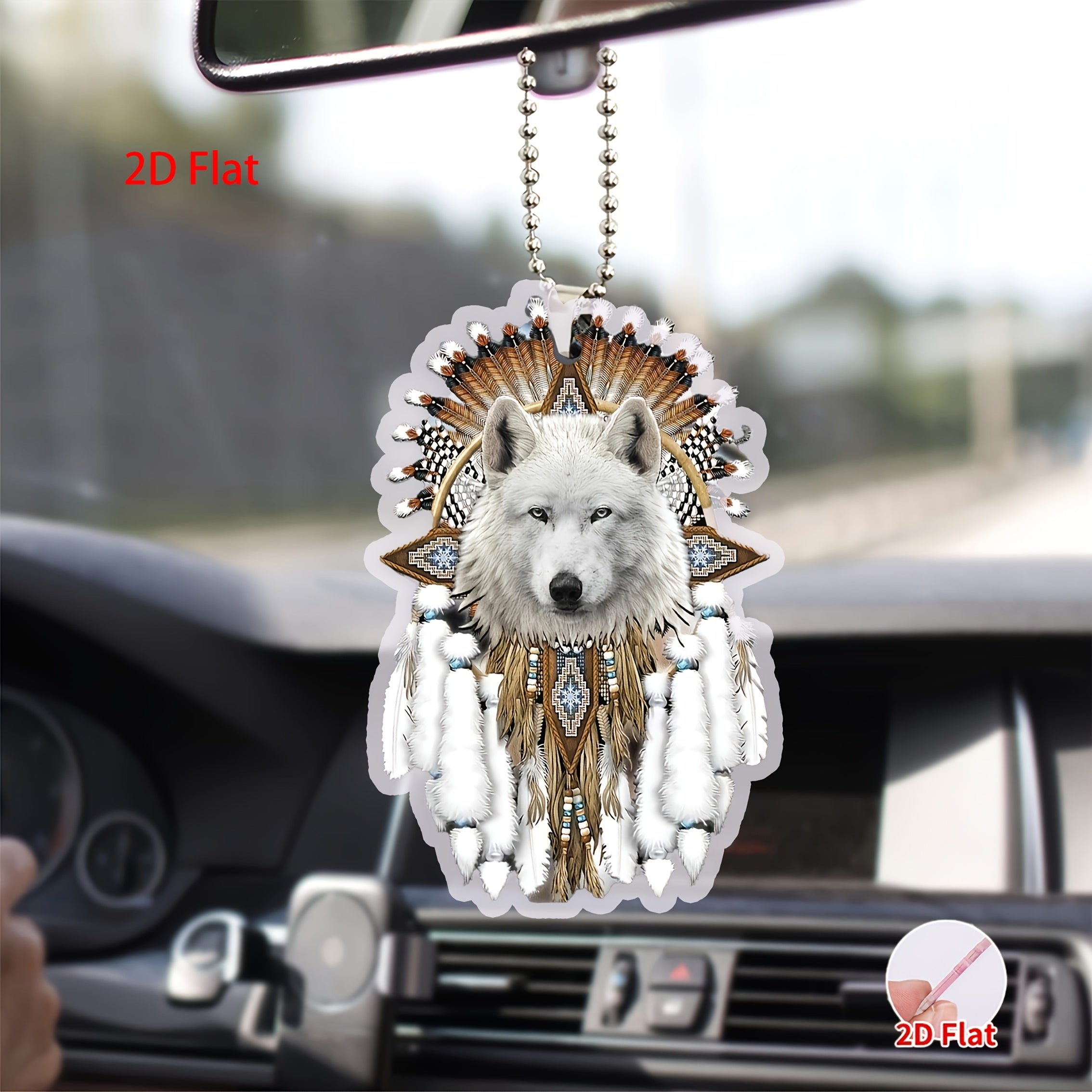 TEMU 2d Flat, 2d Festive White Wolf 2d Acrylic Flat Car Mirror Charm Halloween, Christmas Or Any Party! - Car Interior Accessories - Keychains,