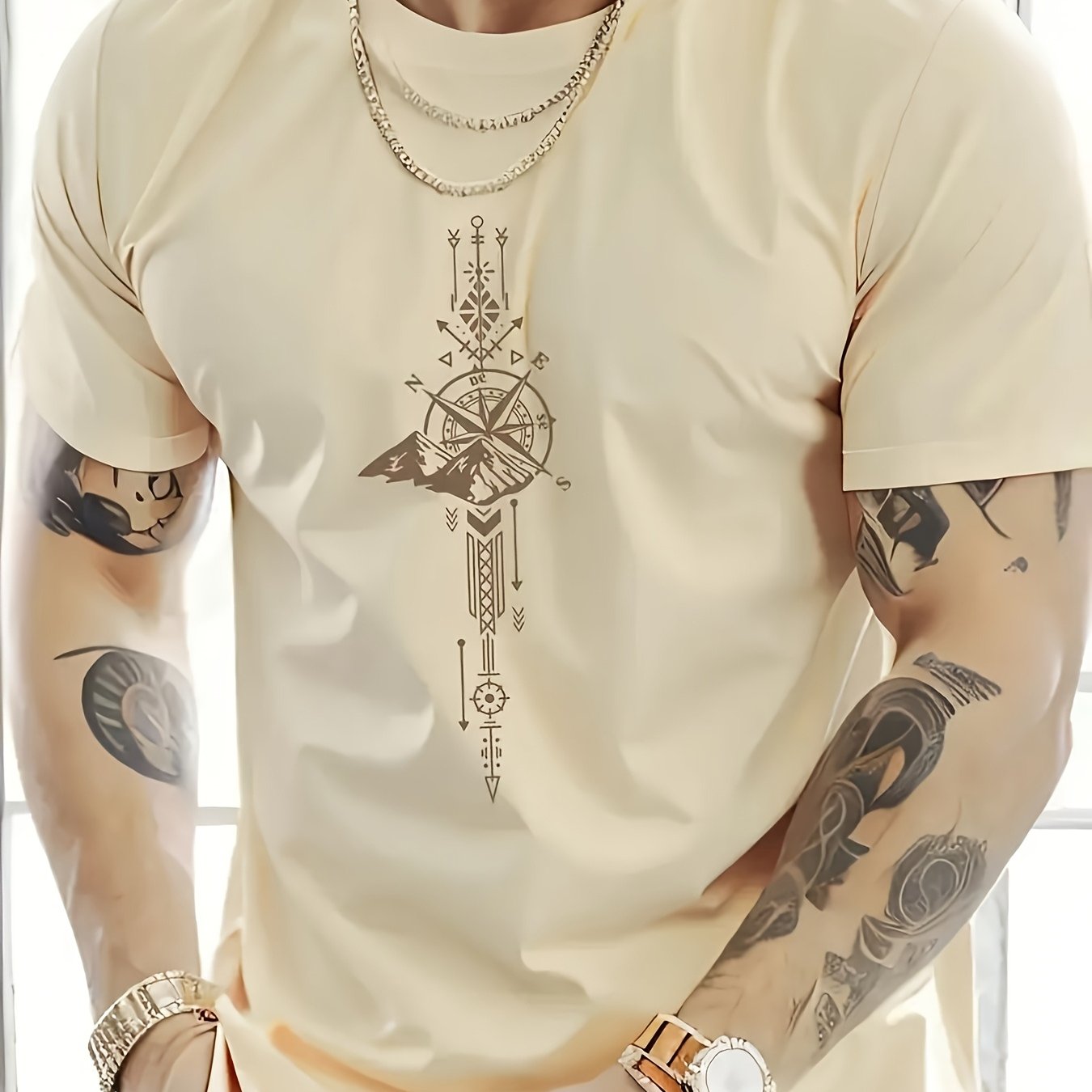 TEMU 180g Pure Cotton Men's Casual T-shirt, Mountain Arrow Pattern And Compass Print, Round Neck And Short Sleeves, Versatile , Suitable For Daily