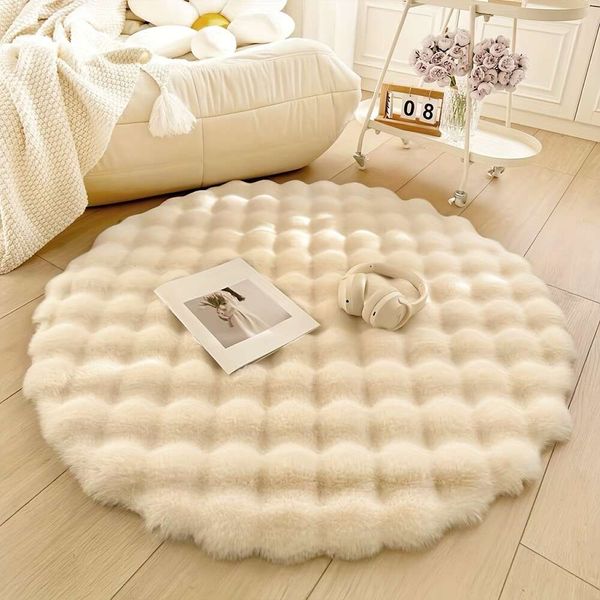1pc, Bubble Fleece Fabric Round Simple Solid Color Premium Soft Fluffy Easy to Clean Furry Warm Cute Indoor Decorative Carpet, Suitable for