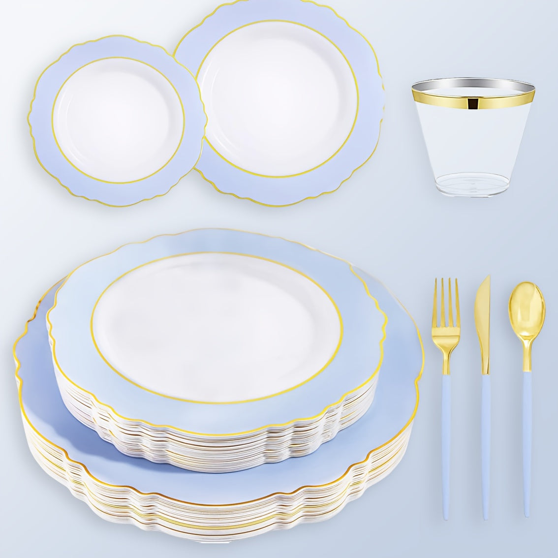 TEMU Wdf 150pcs Blue-mint Green Plastic Plates With & Disposable Golden Plastic Silverware With Blue-mint Green Handle-baroque Light Blue&gold-mint