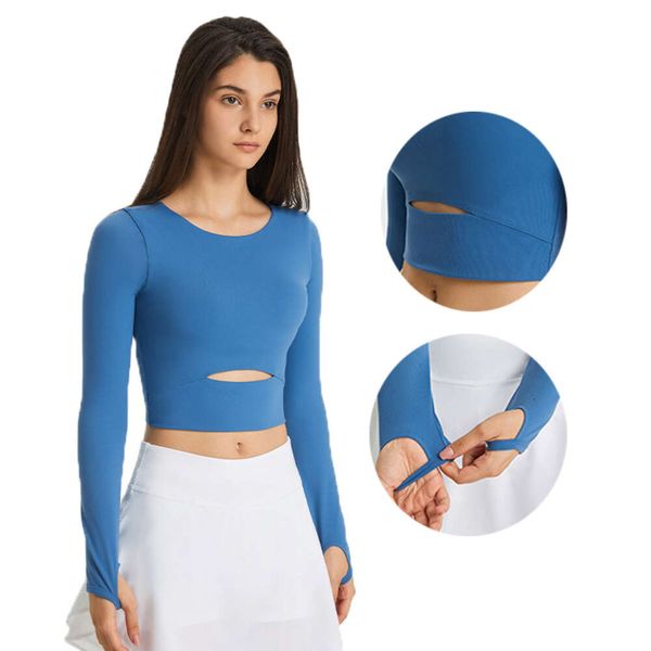 Women Padded Crop Tops Seamless Yoga Sports T-Shirts Long Sleeve Cutout Breathable Workout Brief fitness