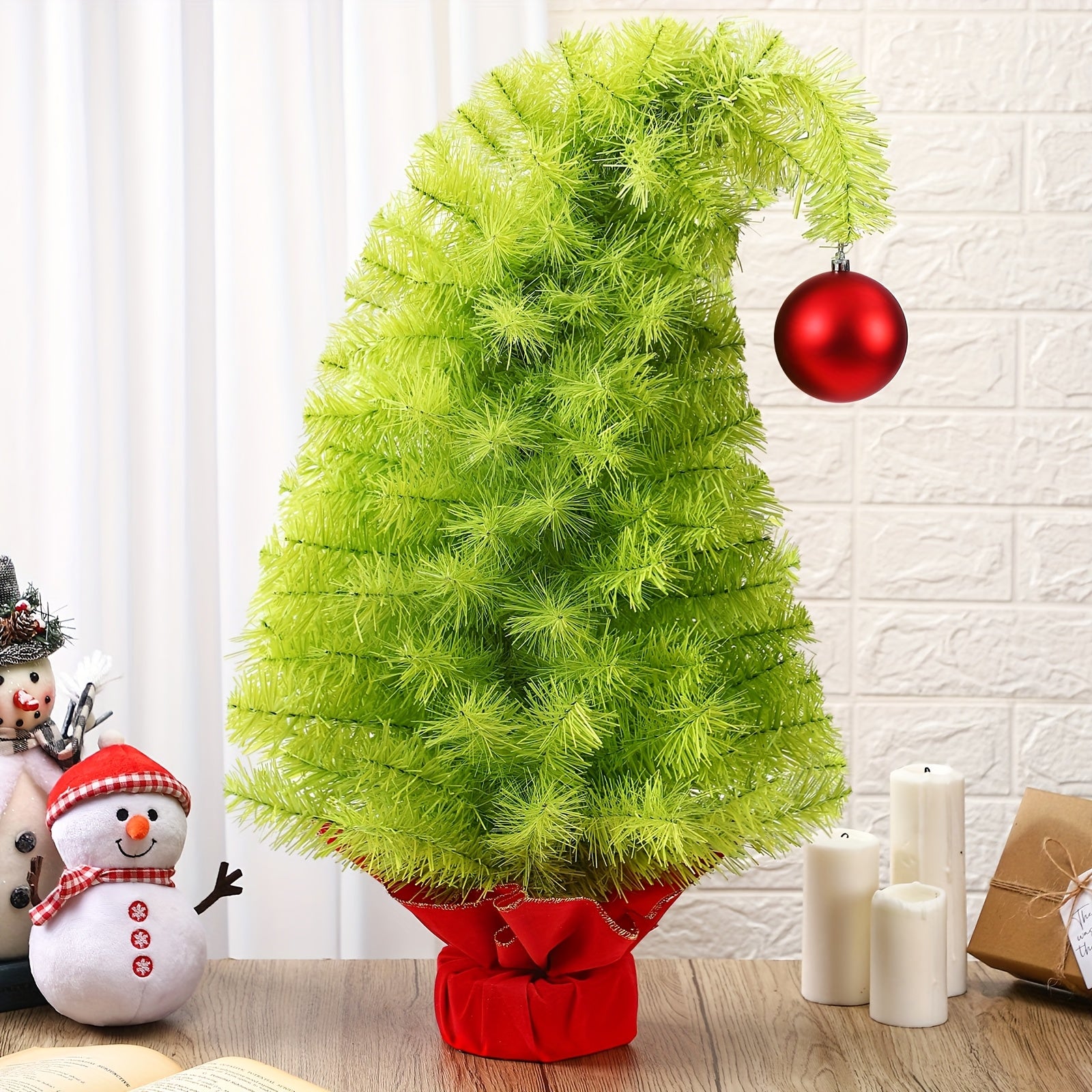 TEMU 2ft Lime Green Whimsical Curved Plastic Christmas Tree With Red Ball Top & Cloth Bag Base - Mini Tabletop Indoor Decoration For Home, Office,
