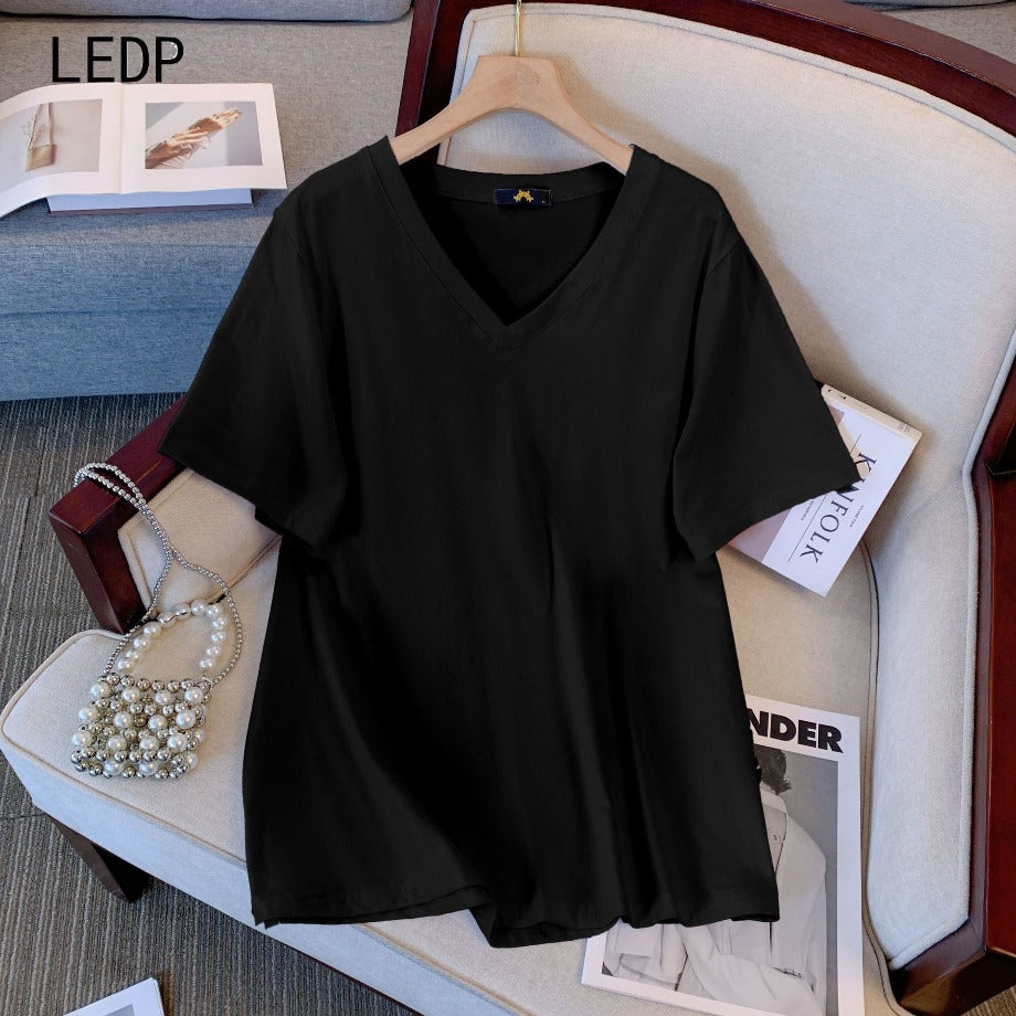 232772 Large size women&#039;s T-shirt with hollowed-out side waist, slightly revealing skin and slim design, cotton fabric, suitable for summer wea