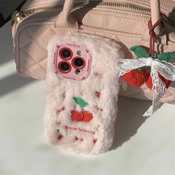 New Arrival Fall-Winter Pink Plush Cute Cherry Knitted Pendant Shockproof Phone Case for iPhone 16 15 13 12 Pro Max Cartoon Fur Girl Phone C