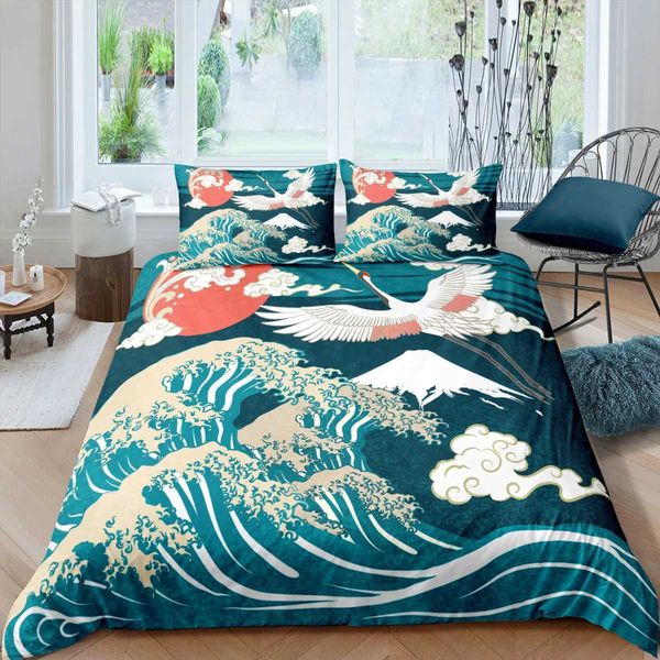 Japanese crane down duvet cover large wave flower ukiyo-e style bedding set Oriental Cture 2-3 piece conical duvet cover Y241231