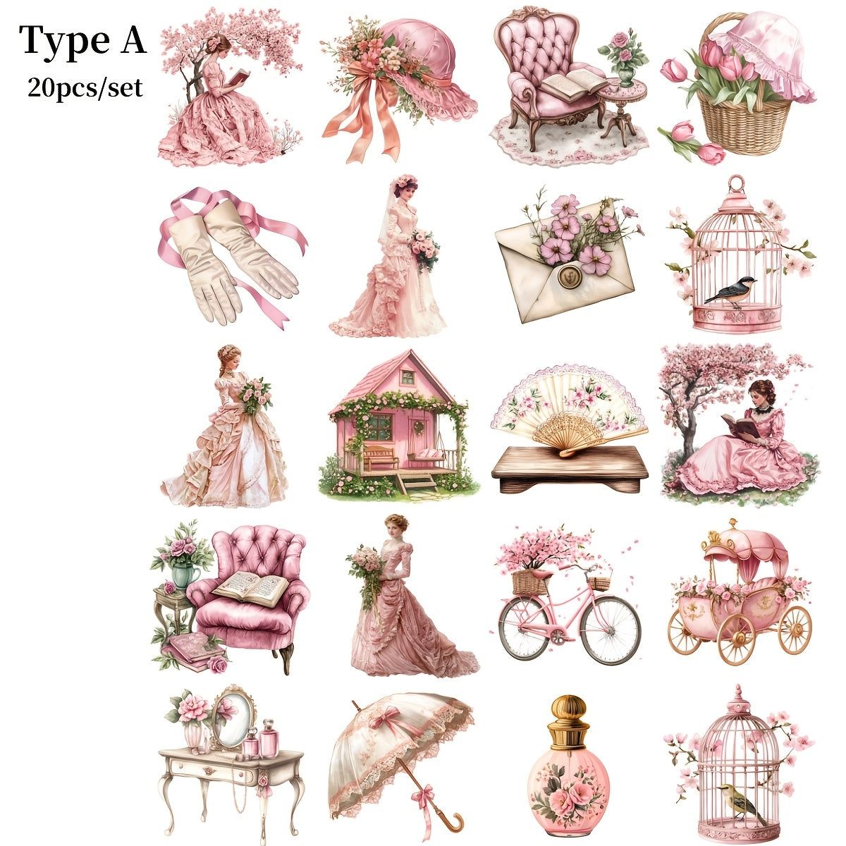 TEMU 20pcs Vintage Victorian Garden House Stickers - Pink Gown & Elegant Scenes, Waterproof Diy Journal & Notebook Decoration, Reusable Paper Decals