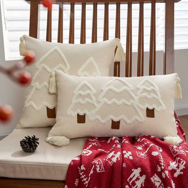 New Arrival Christmas tree canvas embroidery box 45x45 hanging tassel decoration sofa throw cover Christmas cushion cover Z241113